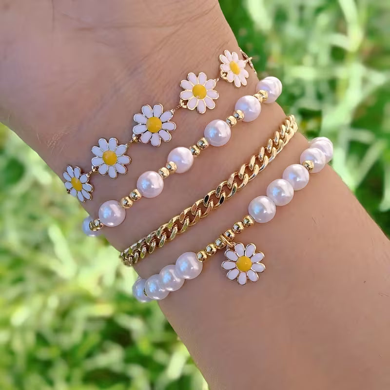 Perlen-Gänseblümchen-Stapel-Armband 4er-Set