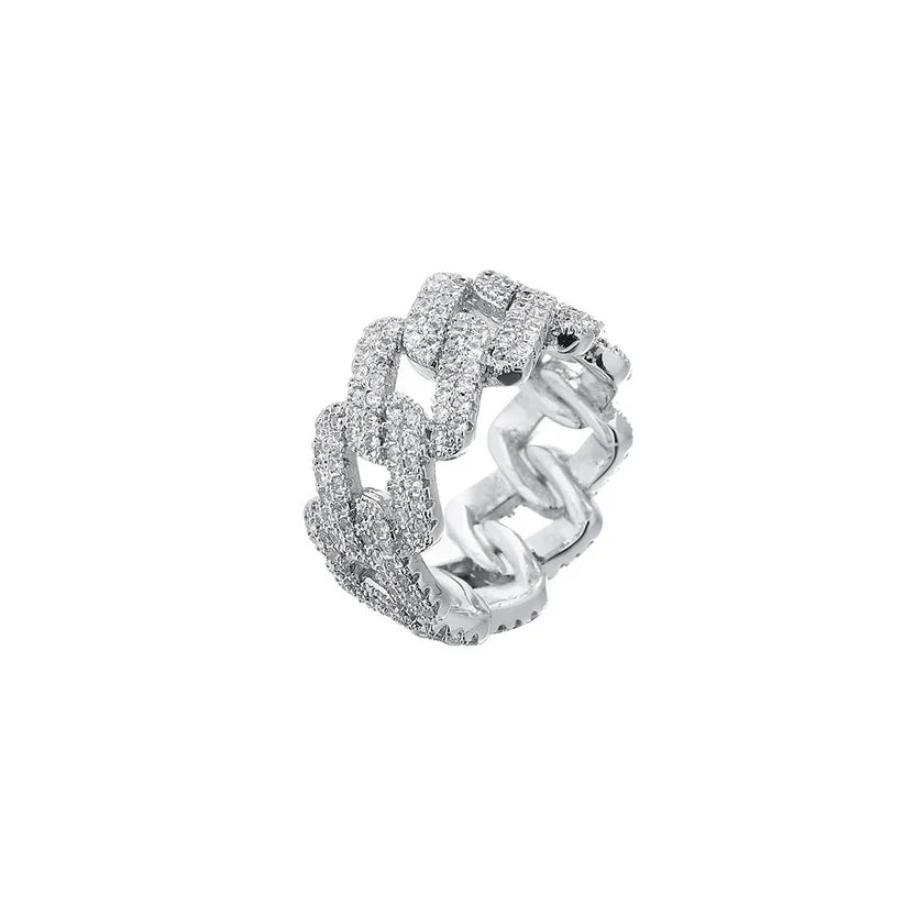 Chain-Link Cubic Zirconia Statement Ring with Pavé Detail, Gold-Tone or Silver-Tone