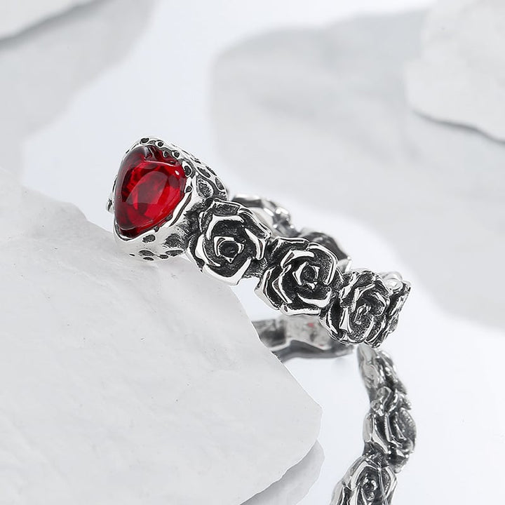 Heart-Shaped Red Stone Ring with Rose Vine Band in Silver-Tone