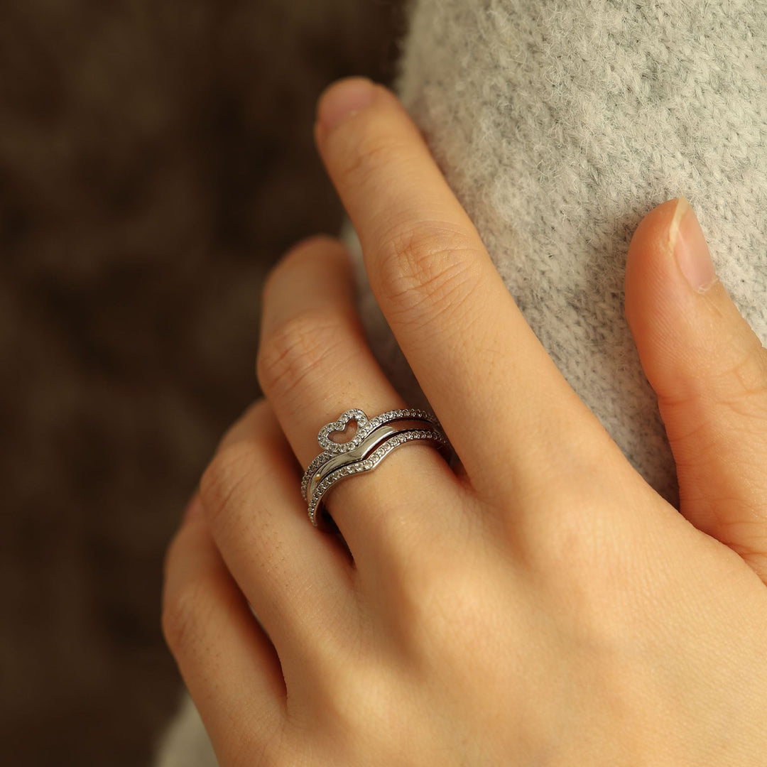 Heart Motif Stacking Ring Set with Curved Pavé Bands