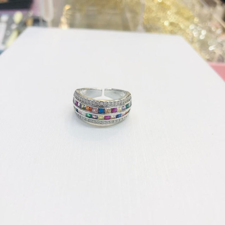 Rainbow Multi-Stone Cocktail Ring in Silver-Tone with Pave Crystal Band