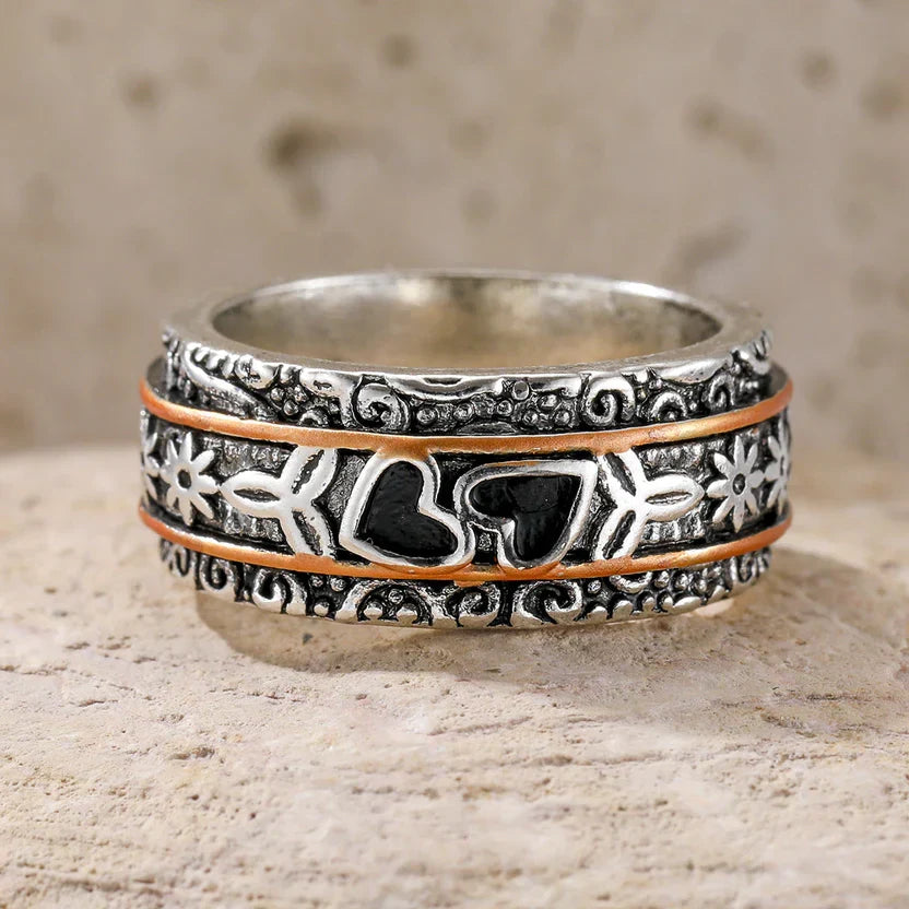 Heart Motif Scroll Engraved Ring, Two-Tone Silver & Rose Gold-Tone