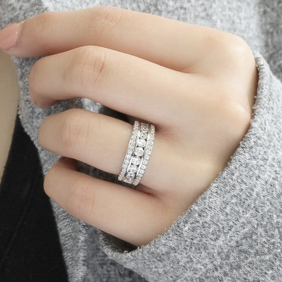 Three-Row Channel-Set Pavé Cocktail Ring in Silver-Tone with Clear Stones