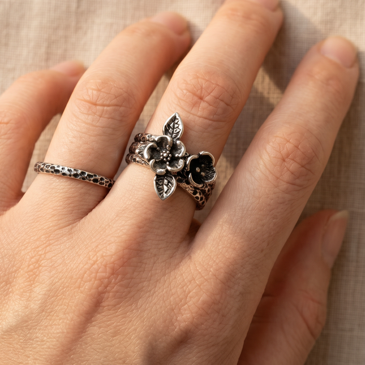 Oxidized Two-Flower Silver-Tone Statement Ring with Textured Band