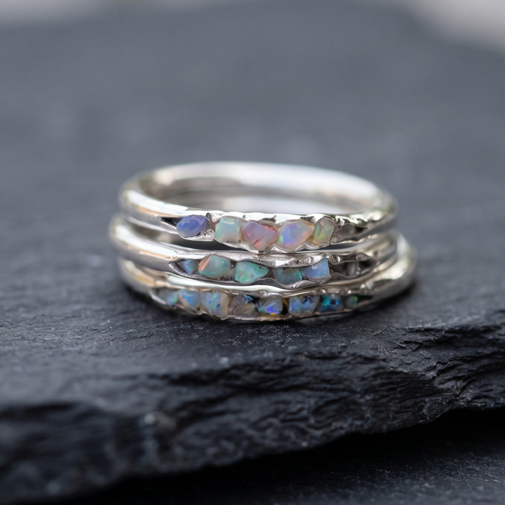 Opal Stacking Ring with Layered Silver-Tone Bands