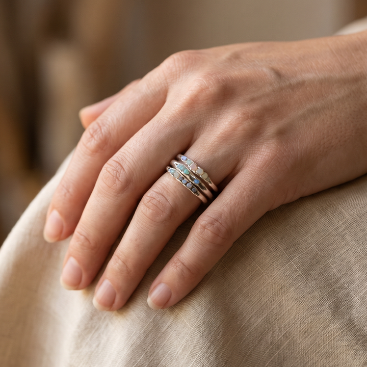 Opal Stacking Ring with Layered Silver-Tone Bands