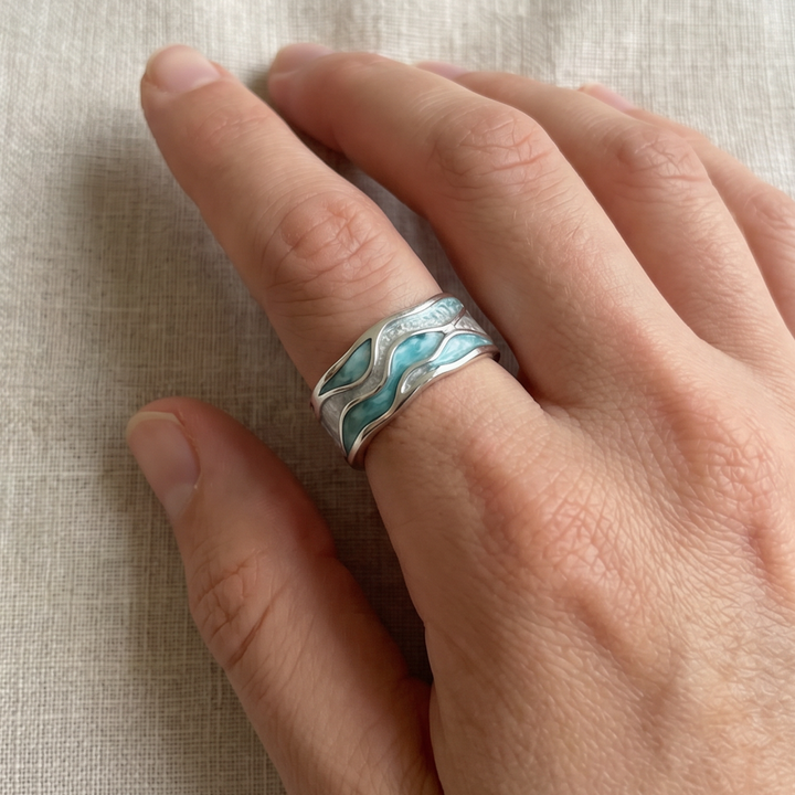 Wave Ripple Turquoise Ring with Textured Silver-Tone Band