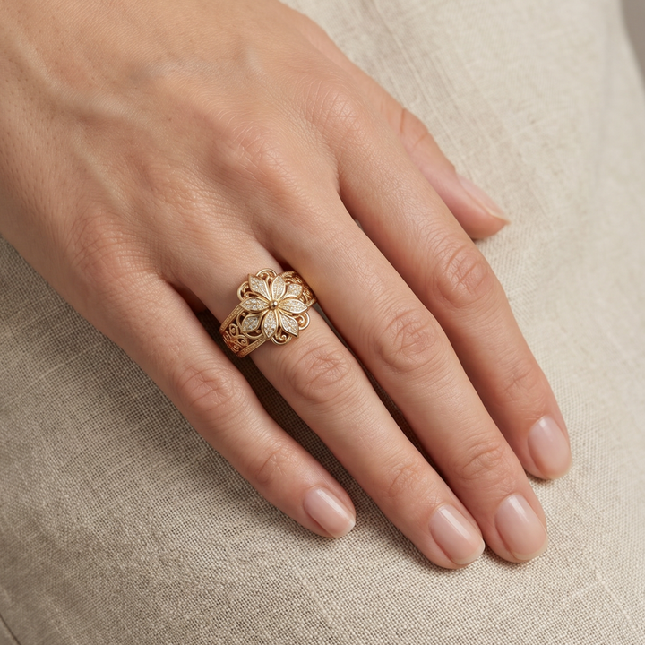 Floral Zirconia Ring with Gold-Tone Scrollwork Band
