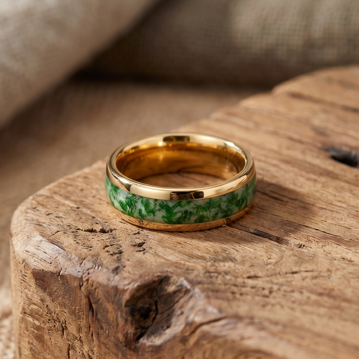 Green Inlay Gold-Tone Band Ring with Polished Finish