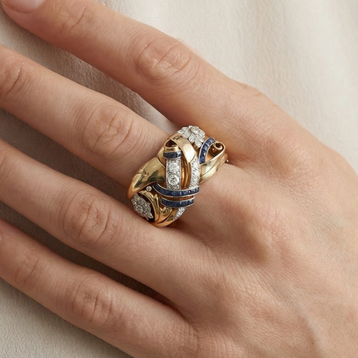 Art Deco Cubic Zirconia Cocktail Ring with Blue Accents