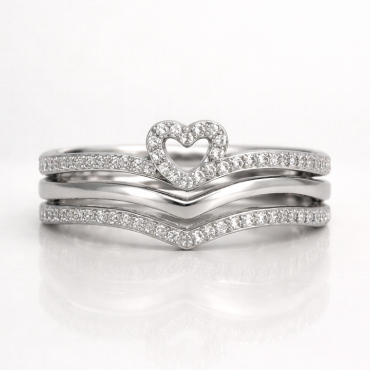 Heart Motif Stacking Ring Set with Curved Pavé Bands