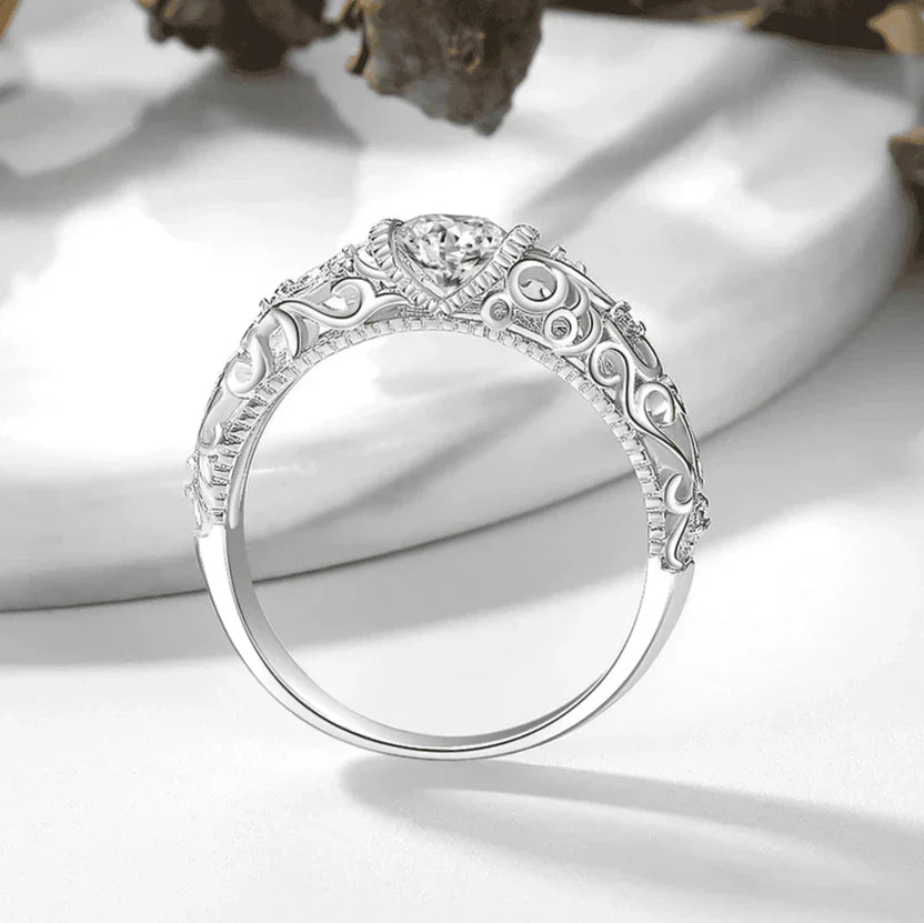 Round Cubic Zirconia Ring with Silver-Tone Filigree Band