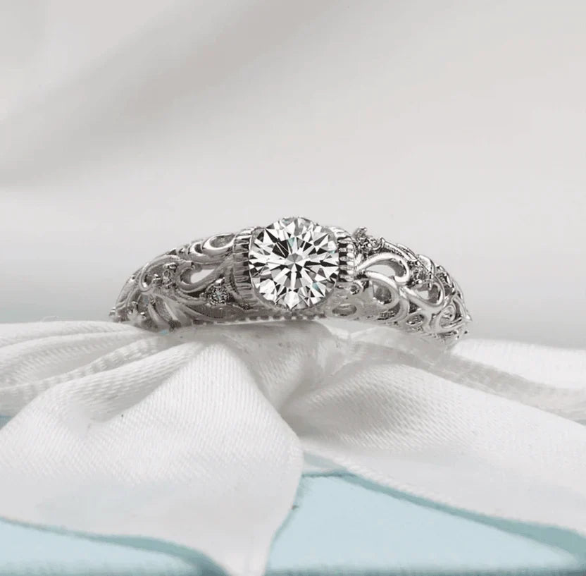 Round Cubic Zirconia Ring with Silver-Tone Filigree Band