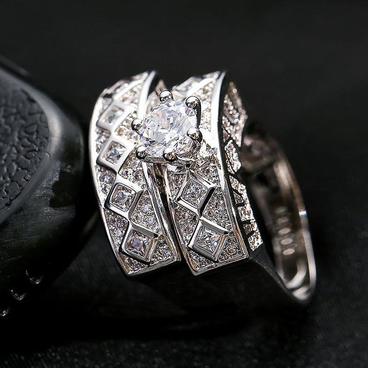 Round Cubic Zirconia Solitaire Ring Set with Silver-Tone Lattice Band