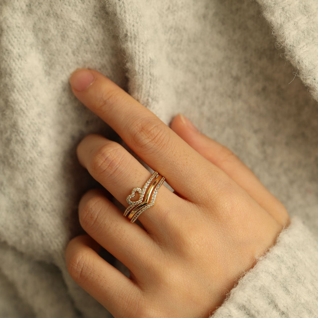 Heart Motif Stacking Ring Set with Curved Pavé Bands