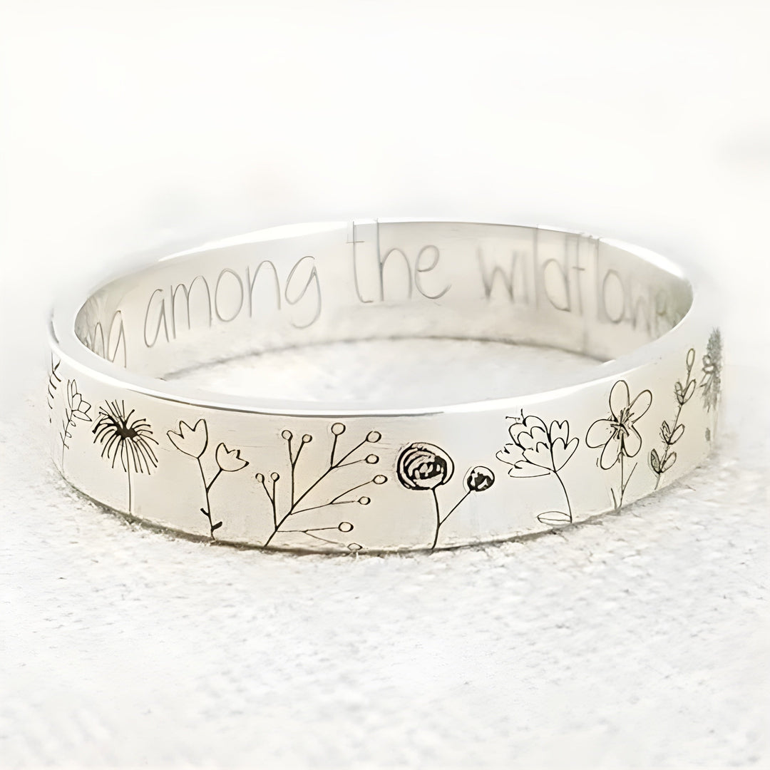 Wildflower Engraved Open Bangle Bracelet with Inner Quote, Silver-Tone