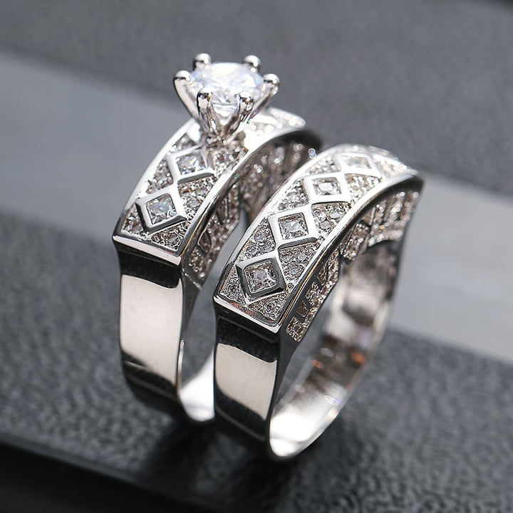 Round Cubic Zirconia Solitaire Ring Set with Silver-Tone Lattice Band