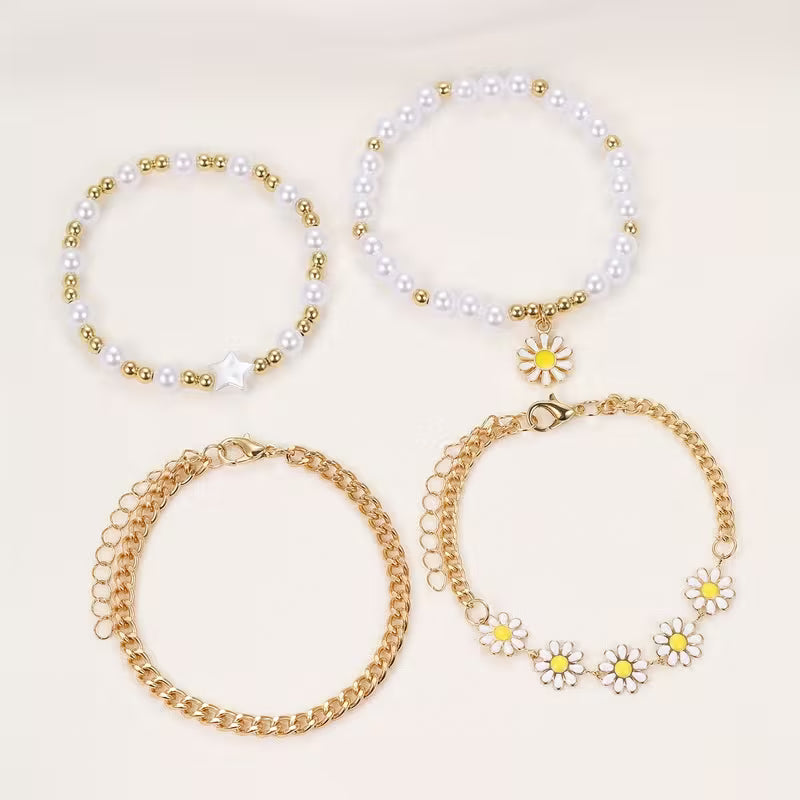 Perlen-Gänseblümchen-Stapel-Armband 4er-Set
