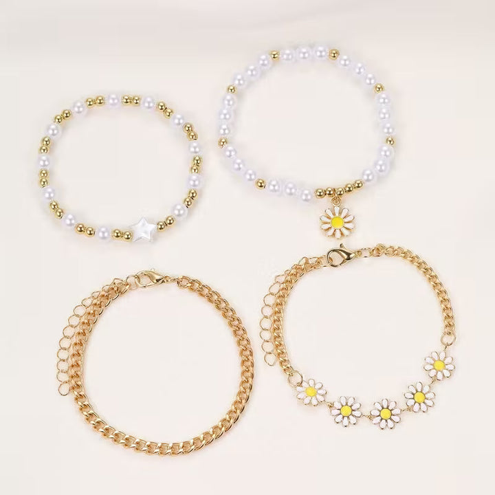 Perlen-Gänseblümchen-Stapel-Armband 4er-Set
