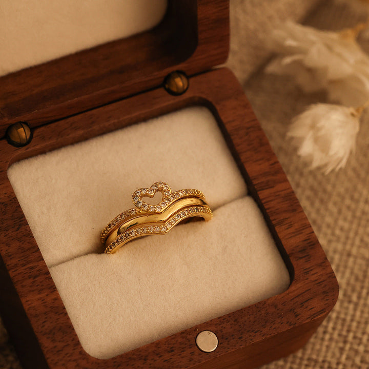 Heart Motif Stacking Ring Set with Curved Pavé Bands