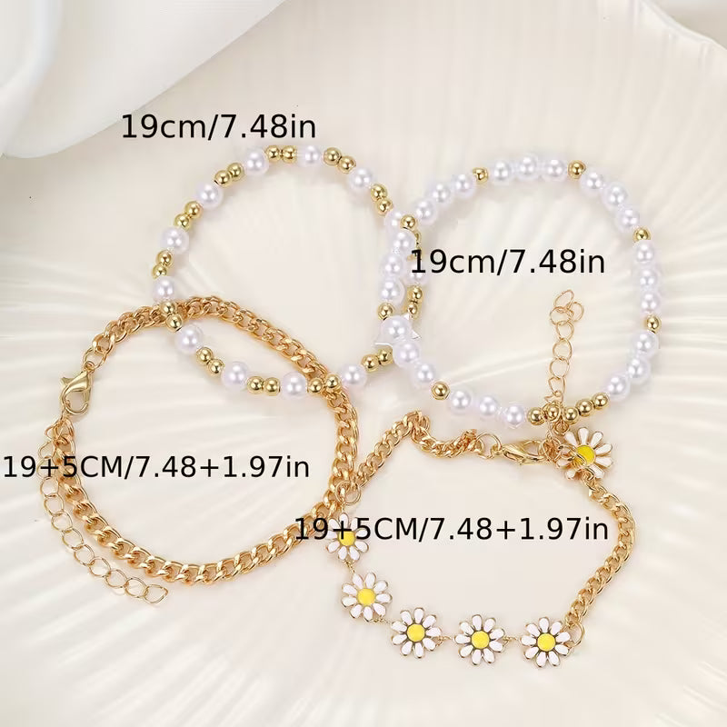 Perlen-Gänseblümchen-Stapel-Armband 4er-Set