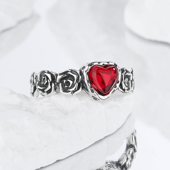 Heart-Shaped Red Stone Ring with Rose Vine Band in Silver-Tone
