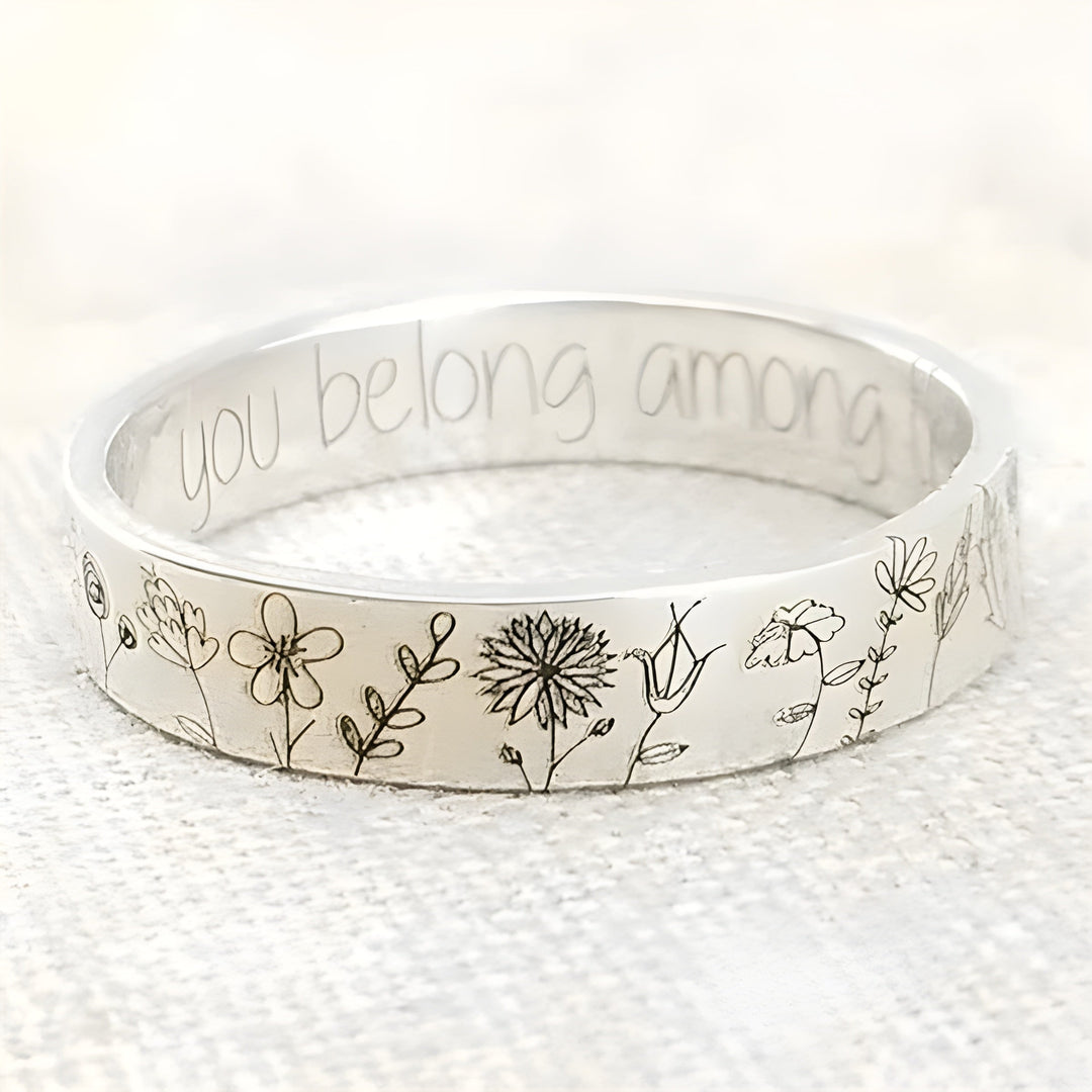 Wildflower Engraved Open Bangle Bracelet with Inner Quote, Silver-Tone