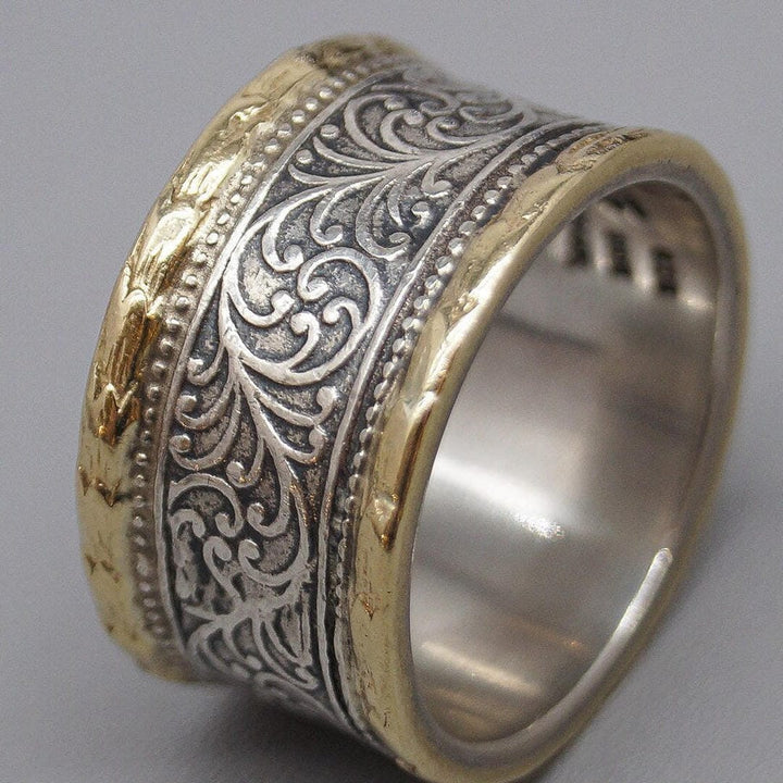 Scrollwork Filigree Ring with Beaded Border, Two-Tone Finish