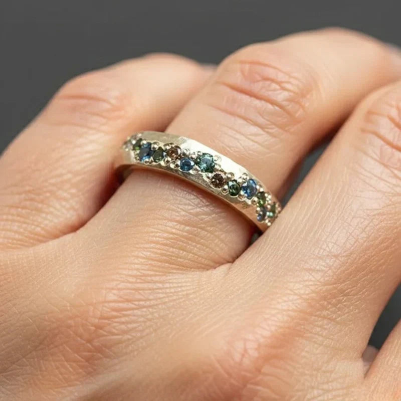 Multi-Gemstone Bezel Ring with Textured Gold-Tone Band