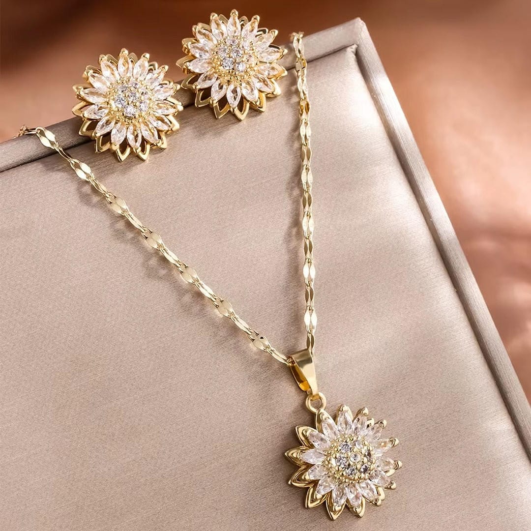 Trendiges Silber Sonnenblumen Zirkon Halsketten- und Ohrringe-Set