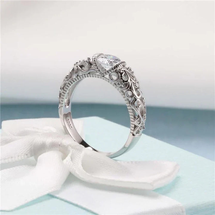 Round Cubic Zirconia Ring with Silver-Tone Filigree Band